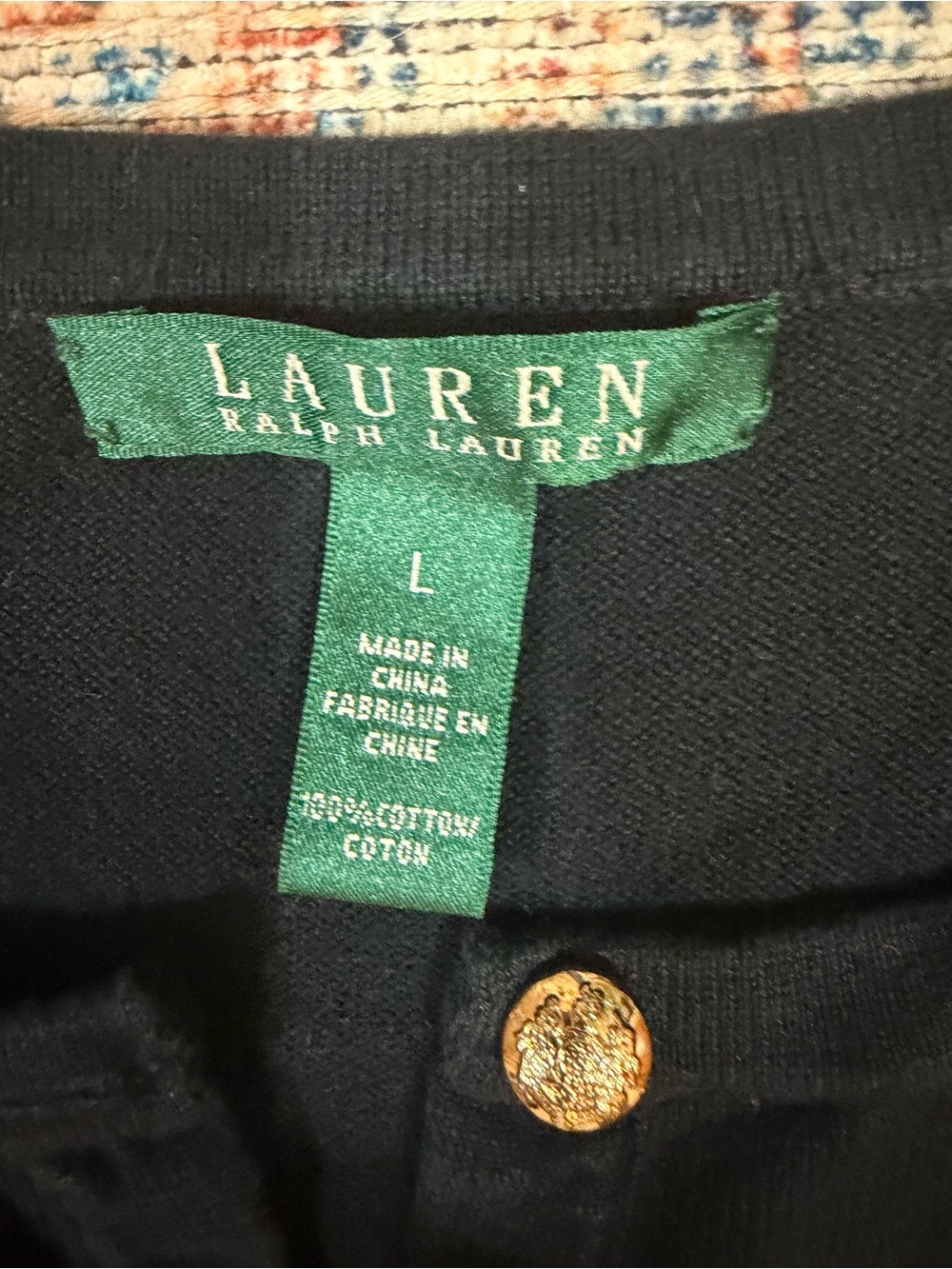 Lauren Ralph Lauren Black Cotton Henley Sweater Womens L Gold Crest Buttons - Picture 10 of 10